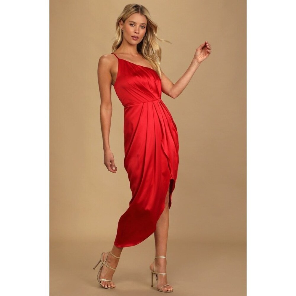 Lulus Law Of Attraction Red Satin One-shoulder Asymmetrical Midi Dress - Size XS